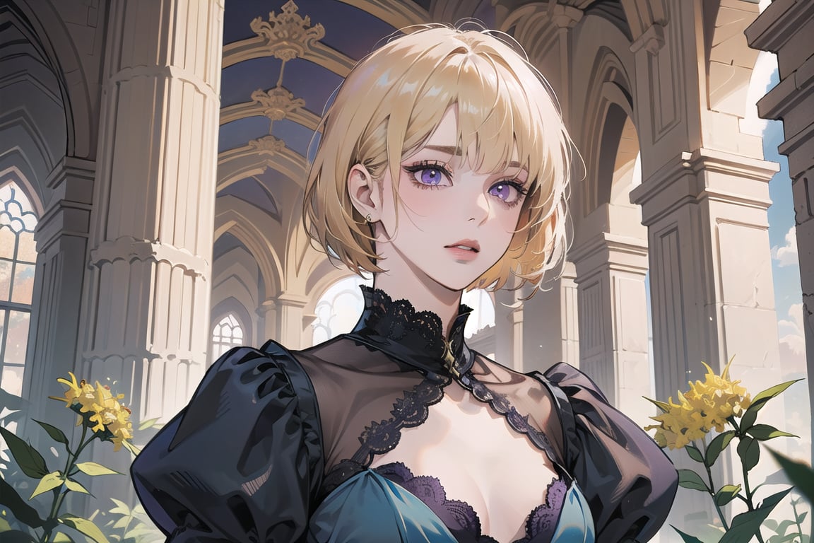 ((Goldenrod hair)), bob cut, bangs, purple eyes, ((small chest:1.1)), wearing a ((SkyBlue lace dress:1.3)), prince, royal, by Raphael, masterpiece, upper body shot, magnificent indoor hall, Neonie, 1girl