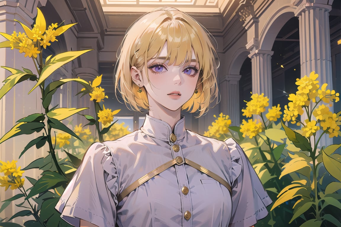 ((Goldenrod hair:1.5)), bob cut, bangs, purple eyes, ((small chest:1.1)), wearing a ((Linen dress:1.3)), short sleeve, by Raphael, masterpiece, upper body shot, magnificent indoor hall, Neonie, 1girl