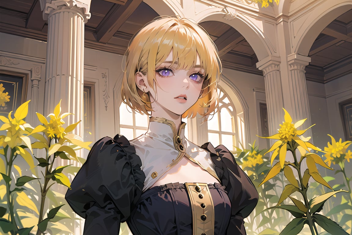 ((Goldenrod hair:1.5)), bob cut, bangs, purple eyes, ((small chest:1.1)), wearing a ((orange)) ((Victorian dress:1.1)), prince, long sleeve, by Raphael, masterpiece, upper body shot, magnificent indoor hall, Neonie, 1girl