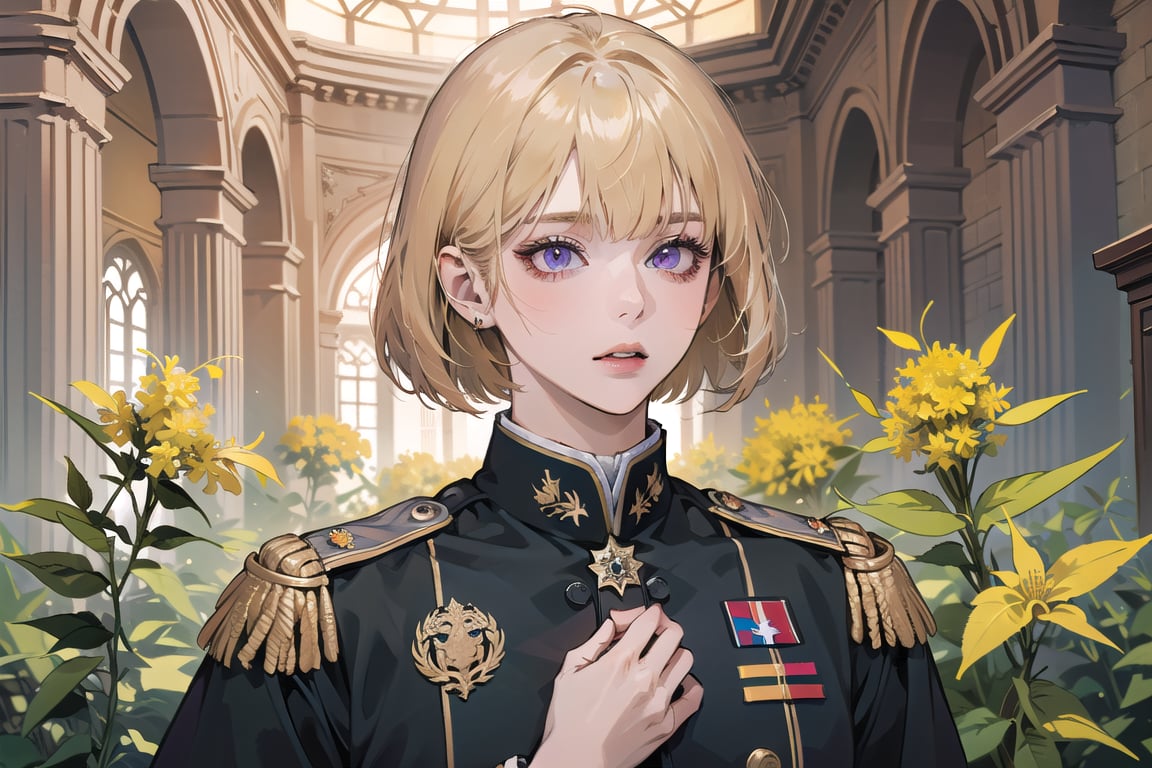 ((Goldenrod hair)), bob cut, bangs, purple eyes, ((small chest:1.1)), wearing a ((military uniform:1.3)), by Raphael, masterpiece, upper body shot, magnificent indoor hall, Neonie, 1girl