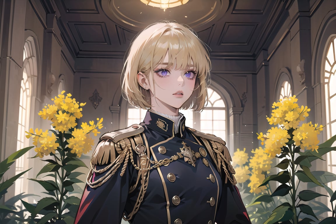 ((Goldenrod hair)), bob cut, bangs, purple eyes, ((small chest:1.1)), wearing a ((military uniform:1.3)), by Raphael, masterpiece, upper body shot, magnificent indoor hall, Neonie, 1girl