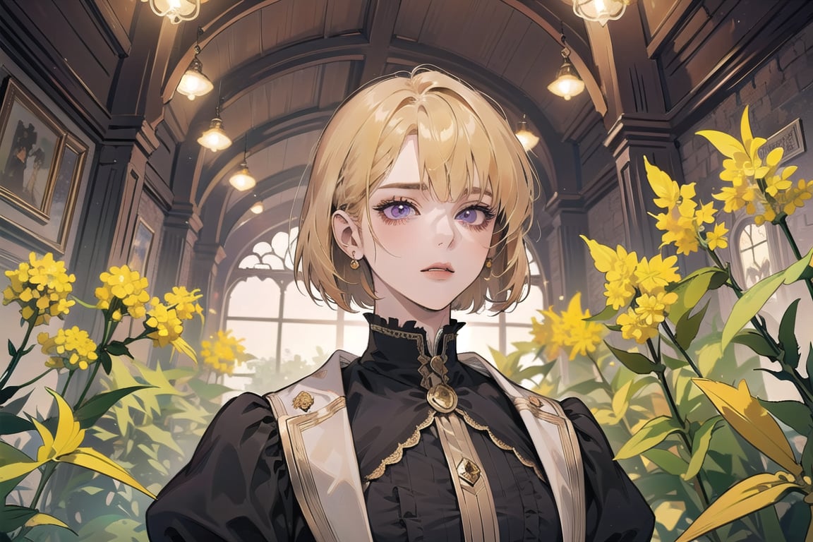 ((Goldenrod hair:1.5)), bob cut, bangs, purple eyes, ((small chest:1.1)), wearing a ((Victorian dress:1.1)), long sleeve, by Raphael, masterpiece, upper body shot, magnificent indoor hall, Neonie, 1girl