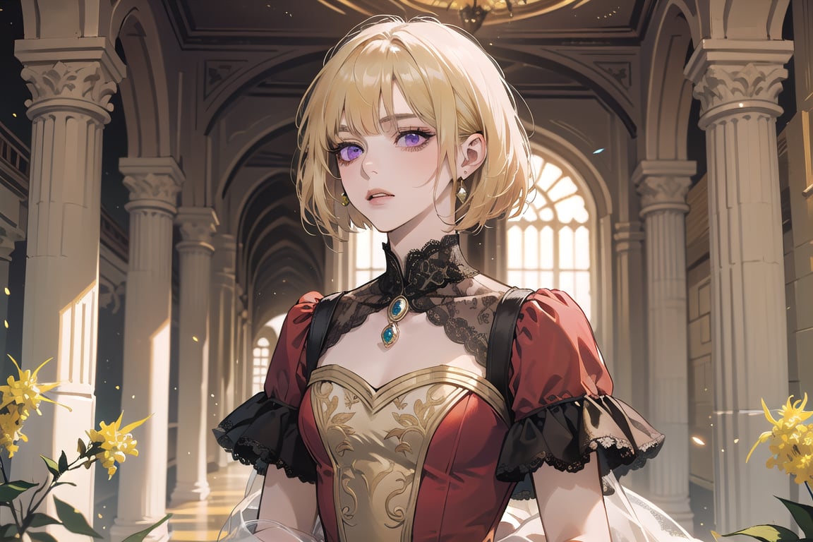 ((Goldenrod hair)), bob cut, bangs, purple eyes, ((small chest:1.1)), wearing a ((lace dress:1.3)), prince, royal, by Raphael, masterpiece, upper body shot, magnificent indoor hall, Neonie, 1girl