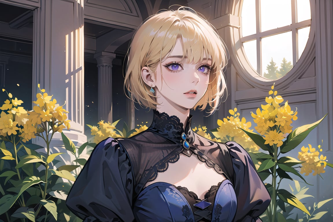 ((Goldenrod hair)), bob cut, bangs, purple eyes, ((small chest:1.1)), wearing a ((SkyBlue lace dress:1.3)), prince, royal, by Raphael, masterpiece, upper body shot, magnificent indoor hall, Neonie, 1girl