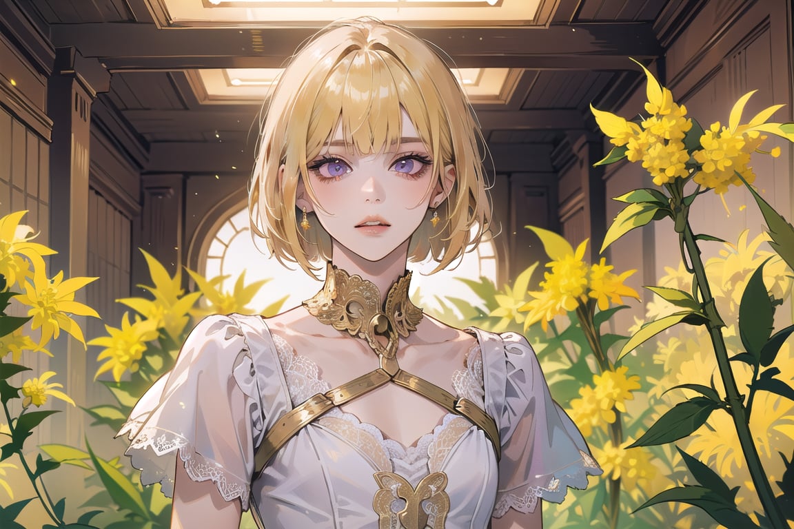 ((Goldenrod hair:1.5)), bob cut, bangs, purple eyes, ((small chest:1.1)), wearing a ((Lace dress:1.3)), short sleeve, by Raphael, masterpiece, upper body shot, magnificent indoor hall, Neonie, 1girl