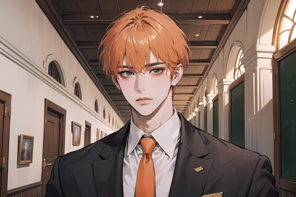 ((bangs)), ((orange short curly hair)), (freckle), green eyes, handsome, angular jaw, thick neck, shy, ((white)) ((school uniform:1.3)), ((red tie)), by Raphael, masterpiece, upper body shot, magnificent indoor hall, Riadon,1 boy,1 man