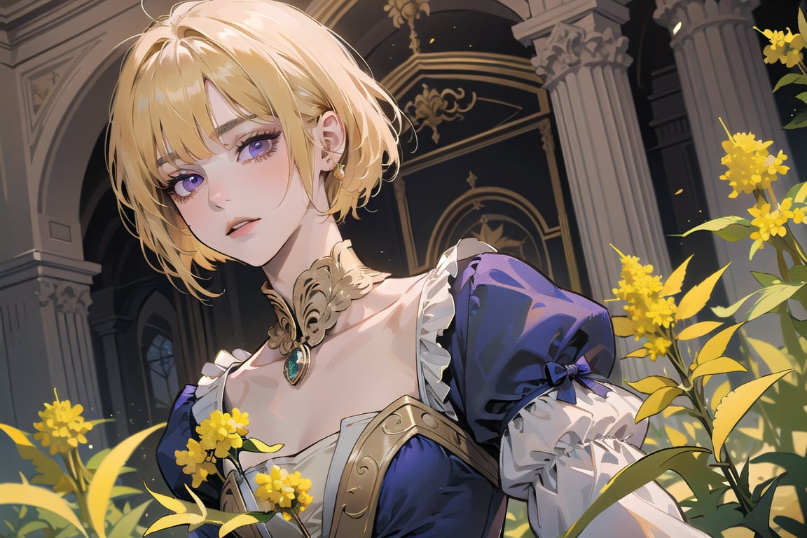 ((Goldenrod hair:1.5)), bob cut, bangs, purple eyes, ((small chest:1.1)), wearing a ((royal Victorian dress:1.3)), long sleeve, by Raphael, masterpiece, upper body shot, magnificent indoor hall, Neonie, 1girl