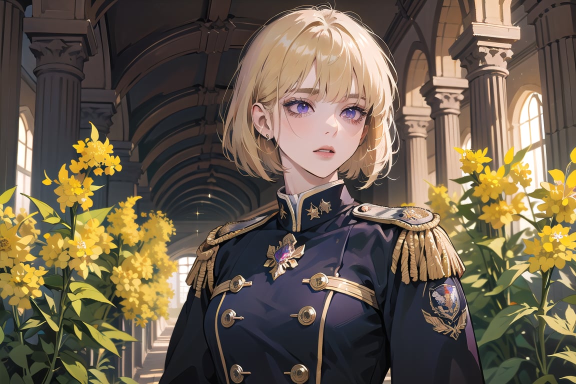 ((Goldenrod hair)), bob cut, bangs, purple eyes, ((small chest:1.1)), wearing a ((military uniform:1.3)), by Raphael, masterpiece, upper body shot, magnificent indoor hall, Neonie, 1girl