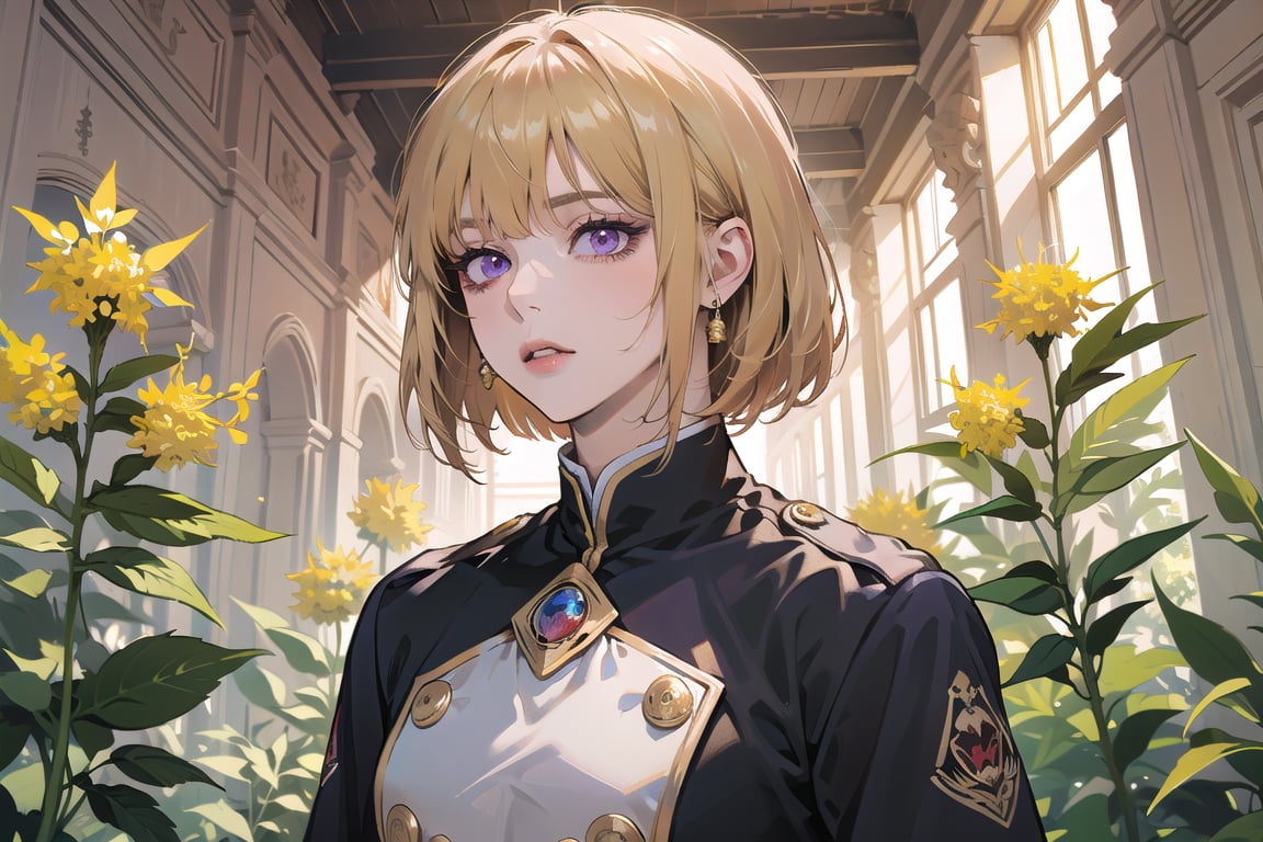 ((Goldenrod hair)), bob cut, bangs, purple eyes, ((small chest:1.1)), wearing a ((red mikitary uniform)), by Raphael, masterpiece, upper body shot, magnificent indoor hall, Neonie, 1girl