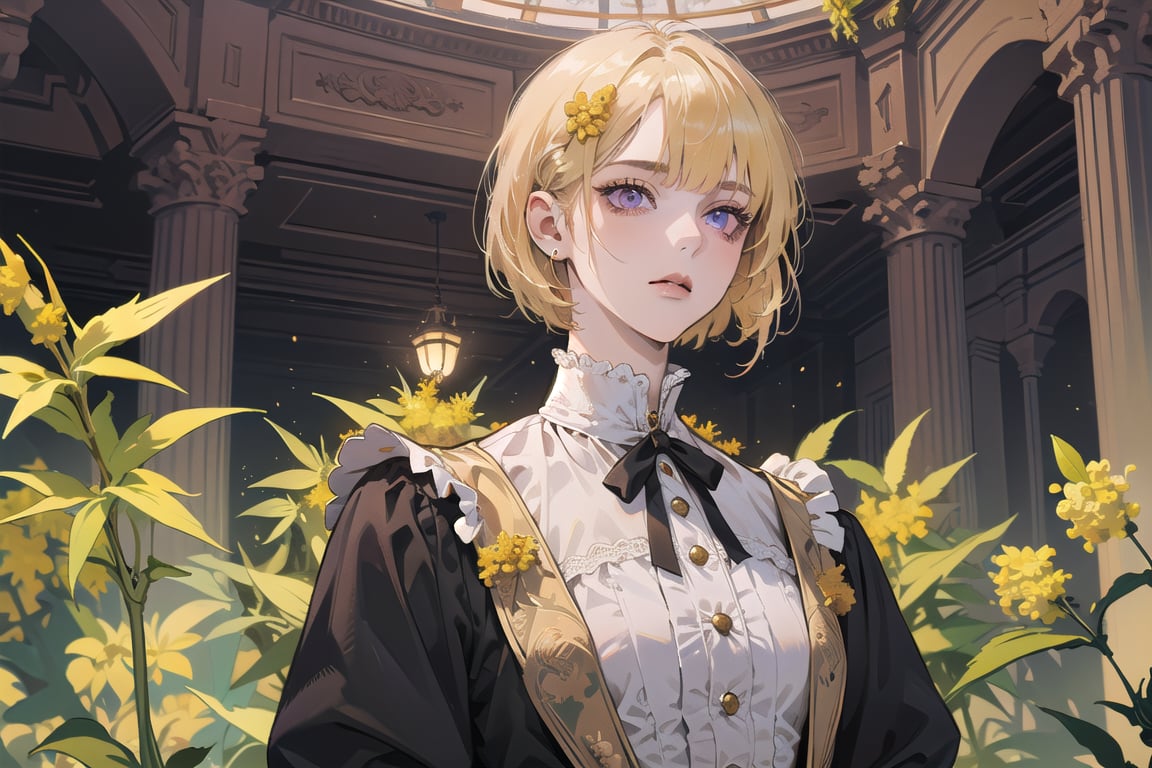 ((Goldenrod hair:1.5)), bob cut, bangs, purple eyes, ((small chest:1.1)), wearing a ((Victorian dress:1.1)), prince, long sleeve, by Raphael, masterpiece, upper body shot, magnificent indoor hall, Neonie, 1girl