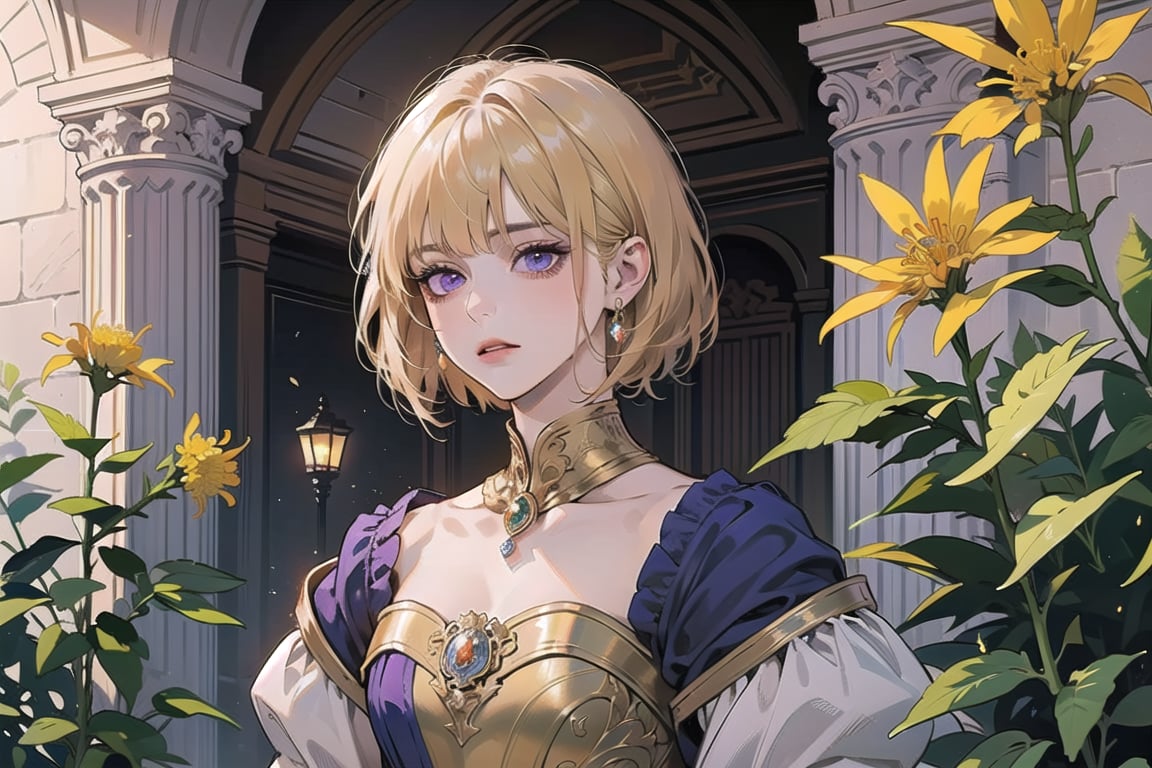 ((Goldenrod hair)), bob cut, bangs, purple eyes, ((small chest:1.1)), wearing a ((royal dress:1.3)), prince, =by Raphael, masterpiece, upper body shot, magnificent indoor hall, Neonie, 1girl