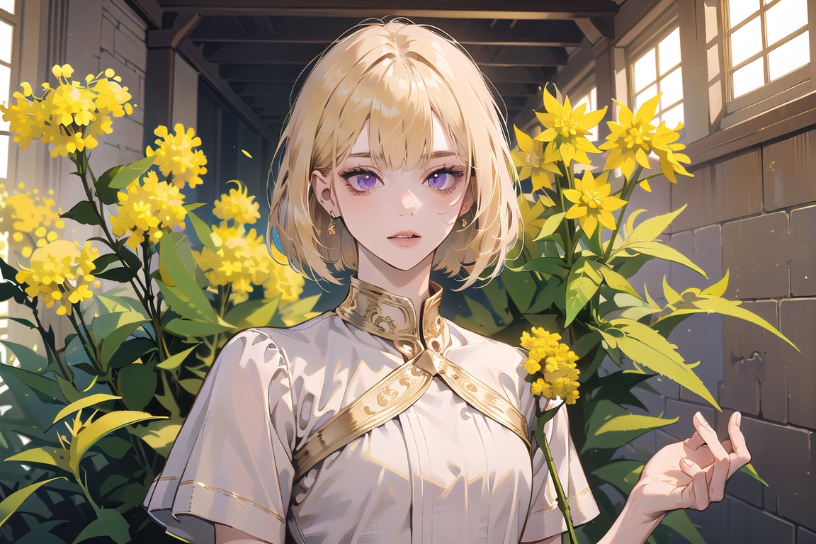 ((Goldenrod hair:1.5)), bob cut, bangs, purple eyes, ((small chest:1.1)), wearing a ((Linen dress:1.3)), short sleeve, by Raphael, masterpiece, upper body shot, magnificent indoor hall, Neonie, 1girl