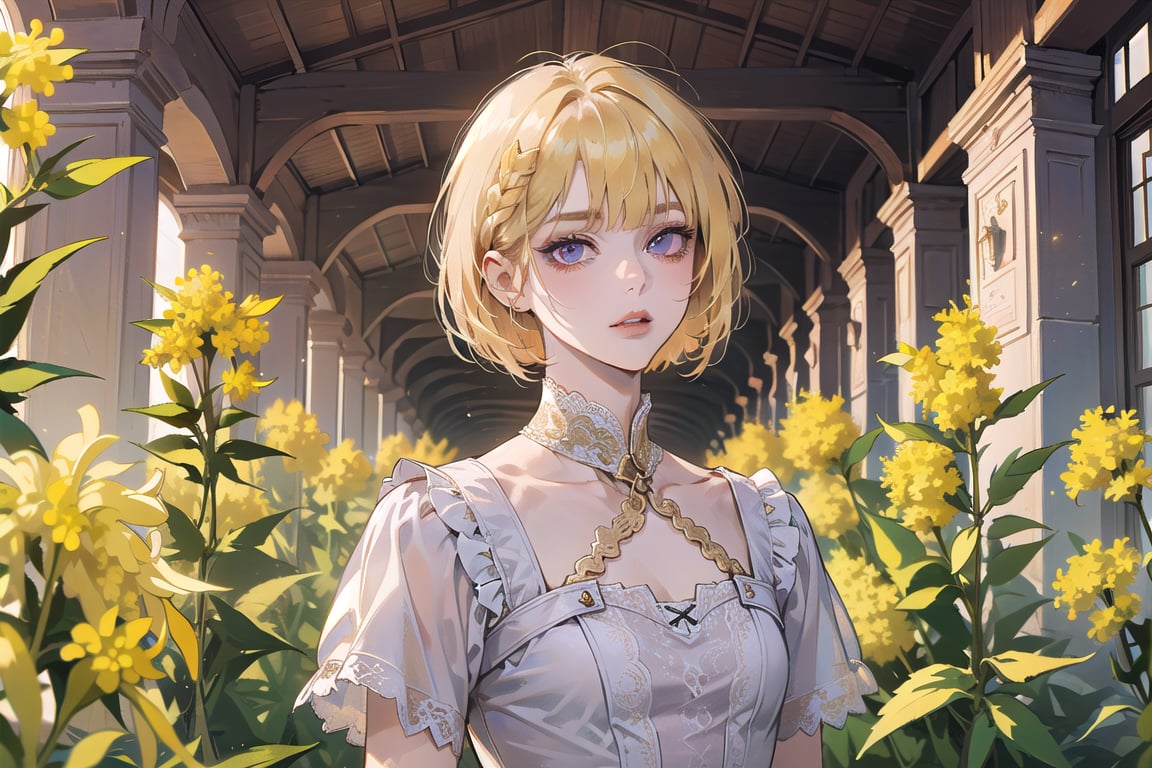 ((Goldenrod hair:1.5)), bob cut, bangs, purple eyes, ((small chest:1.1)), wearing a ((OldLace dress:1.3)), short sleeve, by Raphael, masterpiece, upper body shot, magnificent indoor hall, Neonie, 1girl