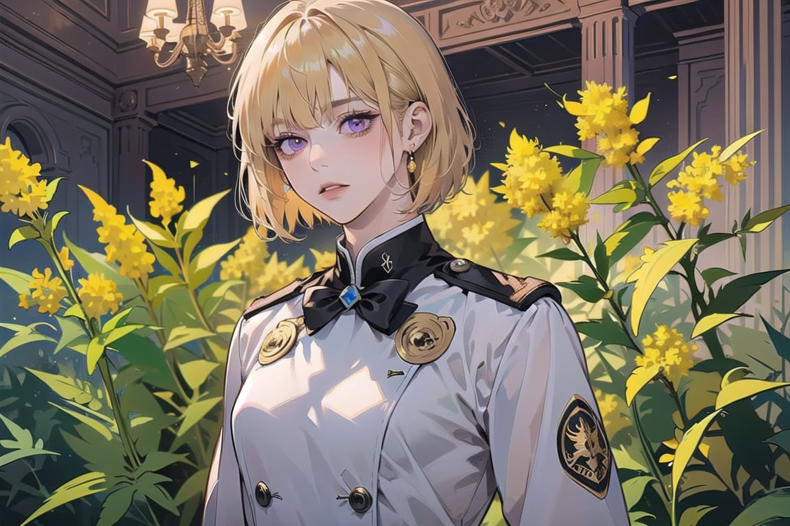 ((Goldenrod hair:1.5)), bob cut, bangs, purple eyes, ((small chest:1.1)), wearing a ((white mikitary uniform:1.3)), by Raphael, masterpiece, upper body shot, magnificent indoor hall, Neonie, 1girl