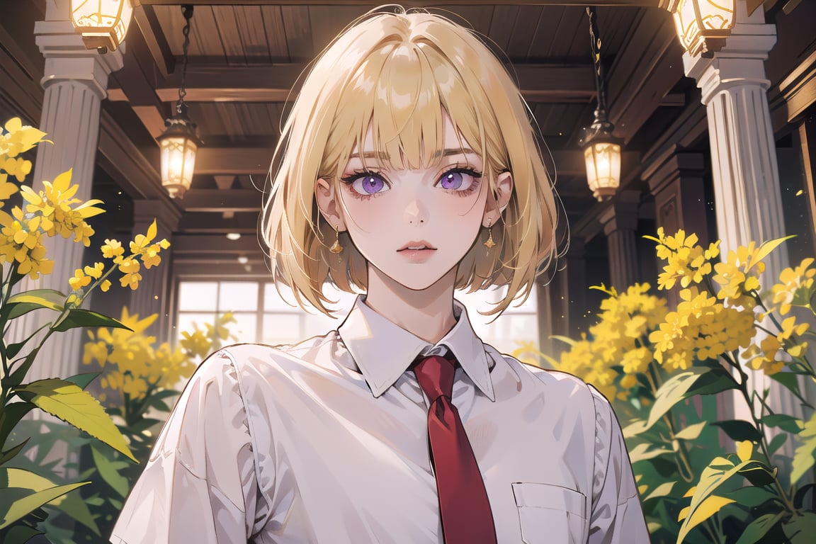 ((Goldenrod hair)), bob cut, bangs, purple eyes, ((small chest:1.1)), wearing a ((white shirt:1.3)), red tie, by Raphael, masterpiece, upper body shot, magnificent indoor hall,Argissa,1 girl,Neonie,1girl