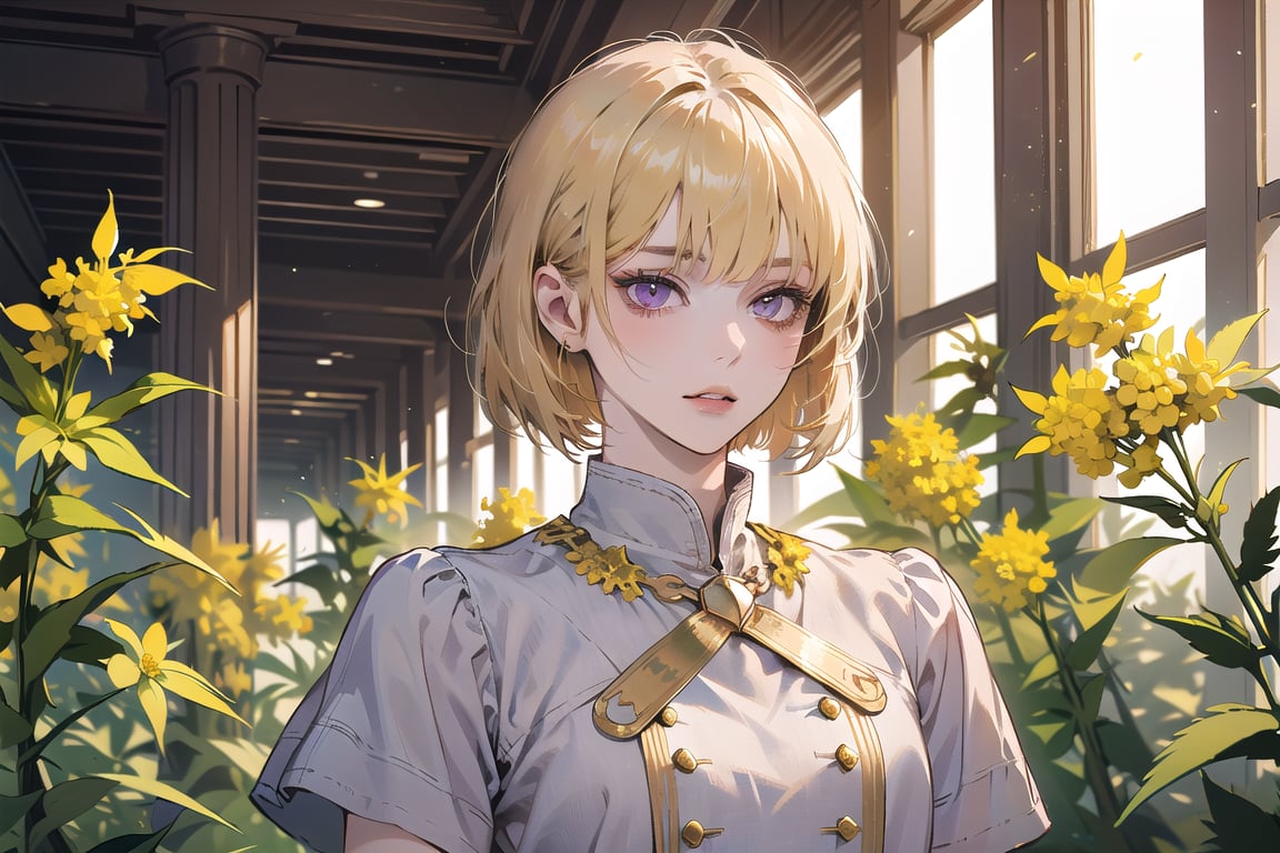 ((Goldenrod hair:1.5)), bob cut, bangs, purple eyes, ((small chest:1.1)), wearing a ((Linen dress:1.3)), short sleeve, by Raphael, masterpiece, upper body shot, magnificent indoor hall, Neonie, 1girl