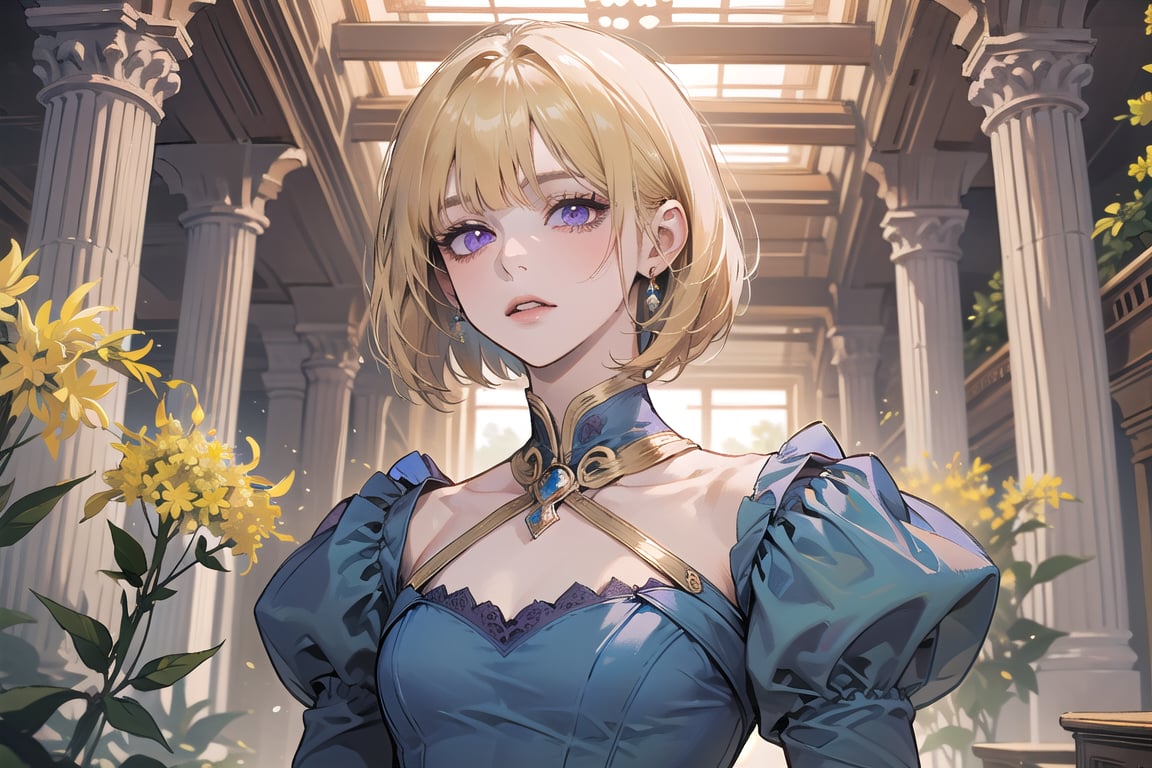 ((Goldenrod hair)), bob cut, bangs, purple eyes, ((small chest:1.1)), wearing a ((SkyBlue Romanticism dress:1.3)), prince, royal, by Raphael, masterpiece, upper body shot, magnificent indoor hall, Neonie, 1girl