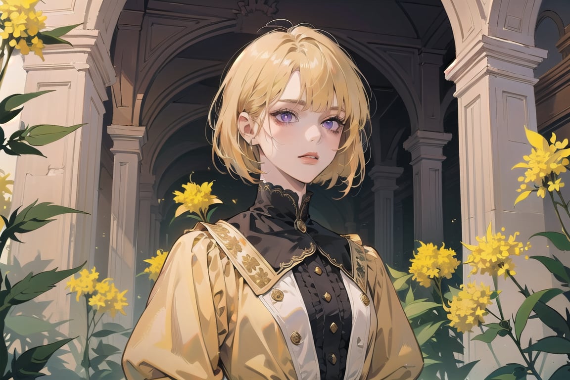 ((Goldenrod hair:1.5)), bob cut, bangs, purple eyes, ((small chest:1.1)), wearing a ((yellow)) ((Victorian dress:1.1)), prince, long sleeve, by Raphael, masterpiece, upper body shot, magnificent indoor hall, Neonie, 1girl