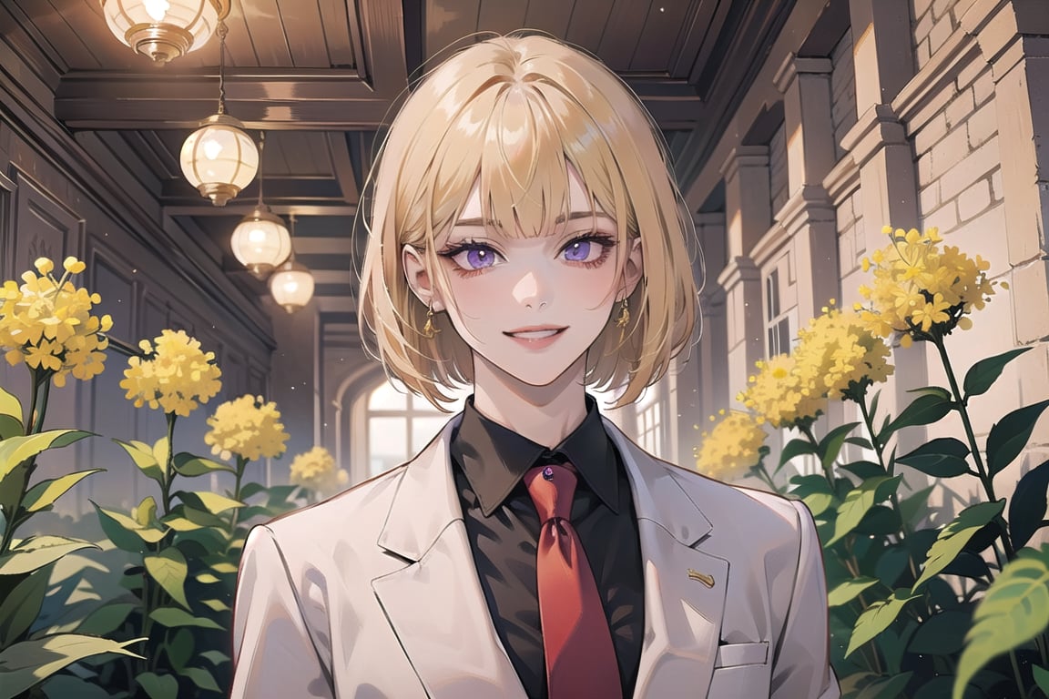 ((Goldenrod hair)), bob cut, bangs, purple eyes, (smile), ((small chest:1.1)), wearing a ((suit)), red tie, by Raphael, masterpiece, upper body shot, magnificent indoor hall,Argissa,1 girl,Neonie,1girl