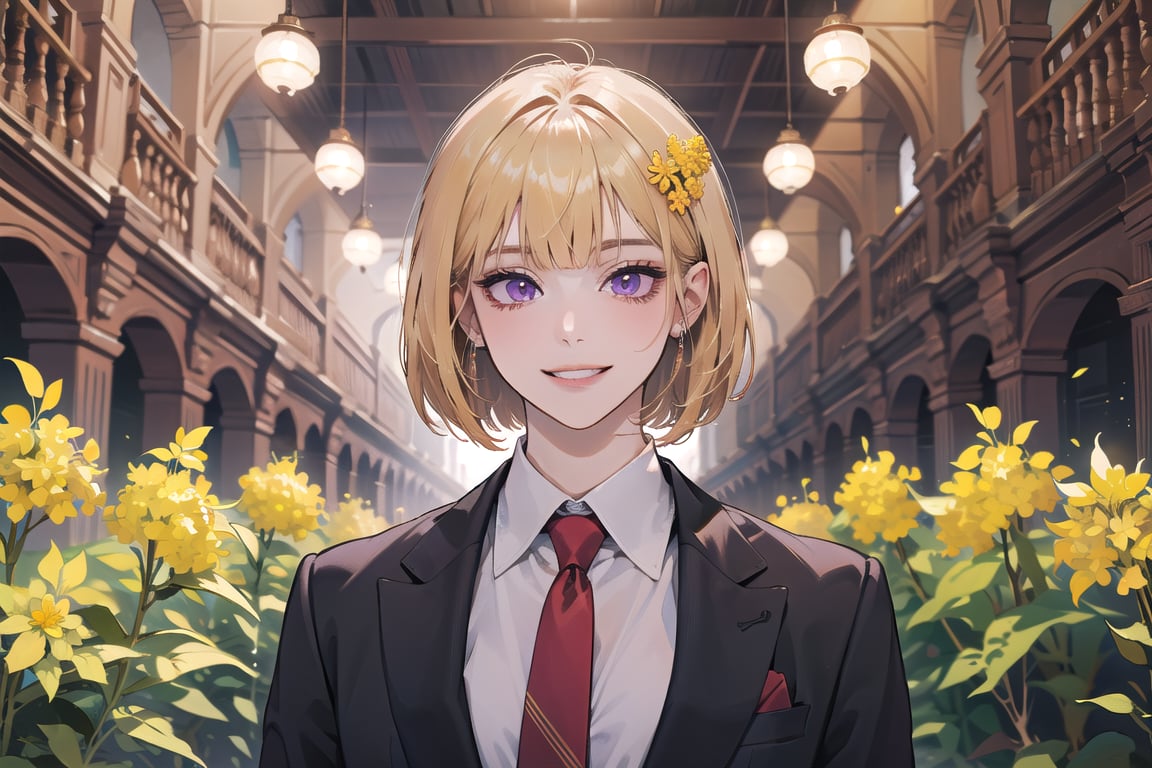 ((Goldenrod hair)), bob cut, bangs, purple eyes, (smile), ((small chest:1.1)), hair ornament, wearing a ((suit)), red tie, by Raphael, masterpiece, upper body shot, magnificent indoor hall,Argissa,1 girl,Neonie,1girl