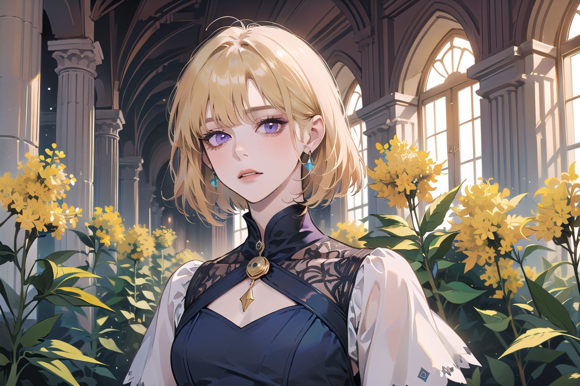 ((Goldenrod hair)), bob cut, bangs, purple eyes, ((small chest:1.1)), wearing a ((SkyBlue Romanticism dress:1.3)), by Raphael, masterpiece, upper body shot, magnificent indoor hall, Neonie, 1girl