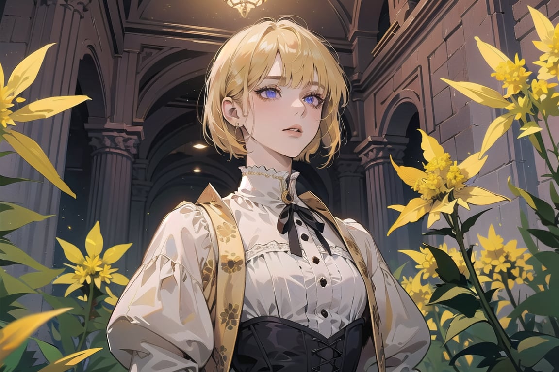 ((Goldenrod hair:1.5)), bob cut, bangs, purple eyes, ((small chest:1.1)), wearing a ((Victorian dress:1.1)), prince, by Raphael, masterpiece, upper body shot, magnificent indoor hall, Neonie, 1girl