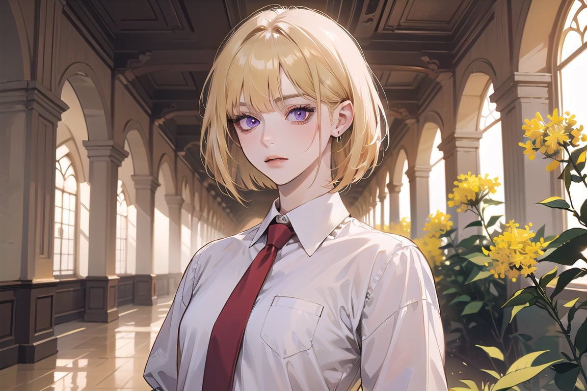 ((Goldenrod hair)), bob cut, bangs, purple eyes, ((small chest:1.1)), wearing a ((white shirt:1.3)), red tie, by Raphael, masterpiece, upper body shot, magnificent indoor hall,Argissa,1 girl,Neonie,1girl