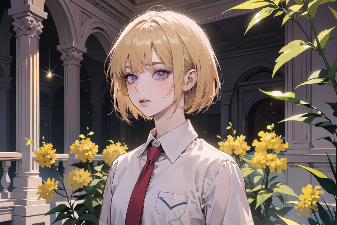 ((Goldenrod hair)), bob cut, bangs, purple eyes, ((small chest:1.1)), wearing a ((school uniform:1.3)), red tie, by Raphael, masterpiece, upper body shot, magnificent indoor hall,Argissa,1 girl,Neonie,1girl