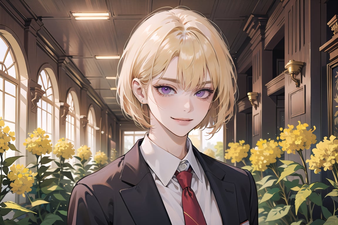 ((Goldenrod hair)), bob cut, bangs, purple eyes, (smirk), ((small chest:1.1)), wearing a ((school uniform:1.3)), red tie, by Raphael, masterpiece, upper body shot, magnificent indoor hall,Argissa,1 girl,Neonie,1girl