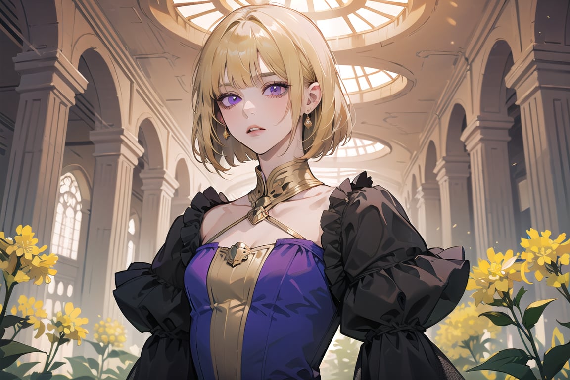 ((Goldenrod hair)), bob cut, bangs, purple eyes, ((small chest:1.1)), wearing a ((dress:1.3)), prince, =by Raphael, masterpiece, upper body shot, magnificent indoor hall, Neonie, 1girl