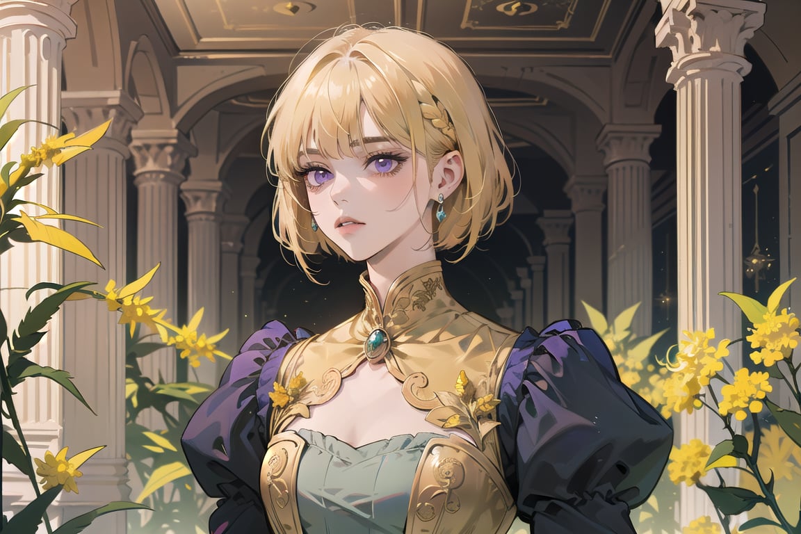 ((Goldenrod hair:1.5)), bob cut, bangs, purple eyes, ((small chest:1.1)), wearing a ((royal Victorian dress:1.3)), long sleeve, by Raphael, masterpiece, upper body shot, magnificent indoor hall, Neonie, 1girl