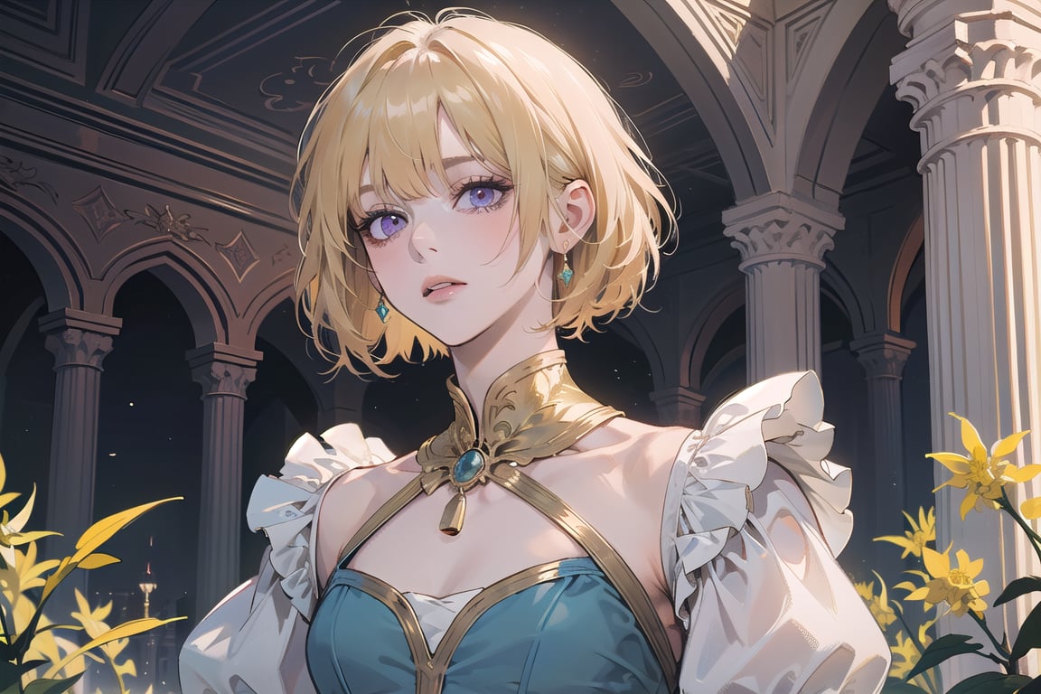 ((Goldenrod hair)), bob cut, bangs, purple eyes, ((small chest:1.1)), wearing a ((SkyBlue Romanticism dress:1.3)), prince, royal, by Raphael, masterpiece, upper body shot, magnificent indoor hall, Neonie, 1girl