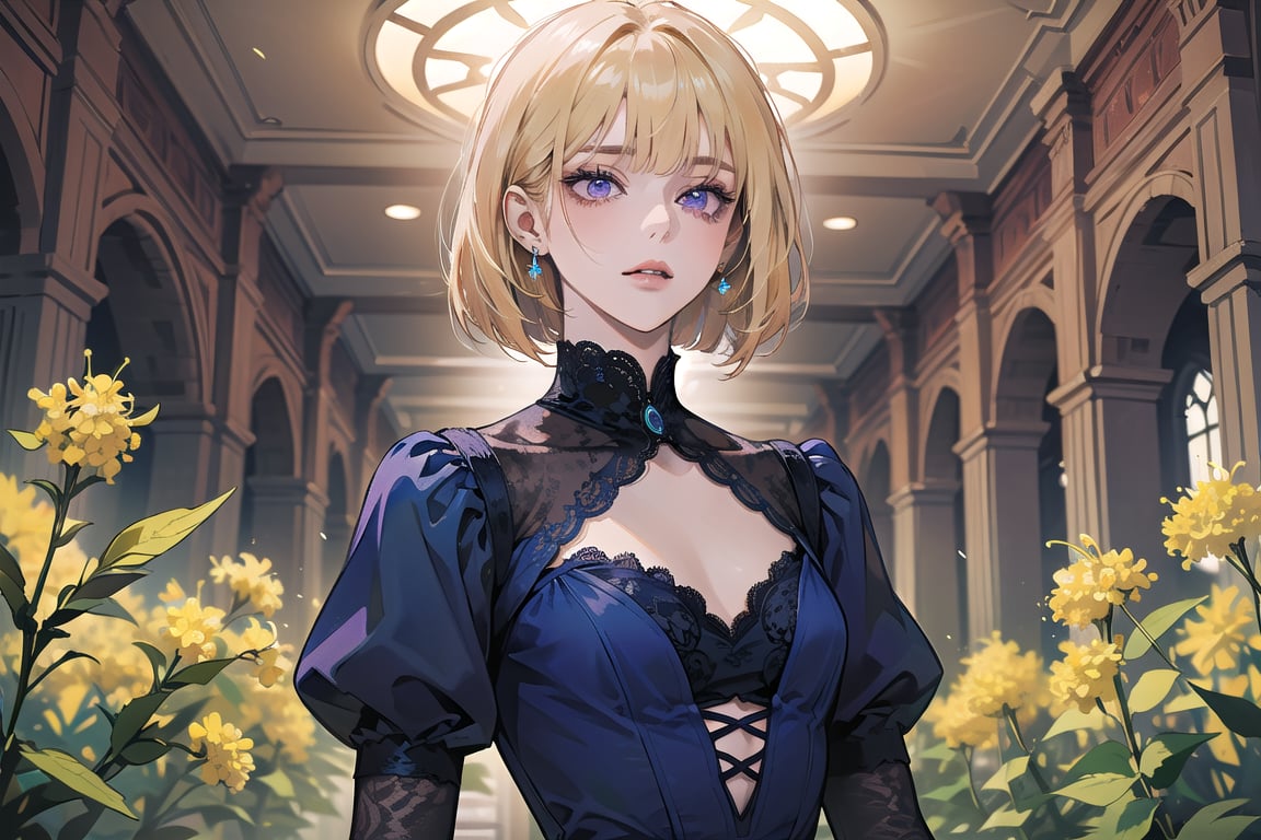 ((Goldenrod hair)), bob cut, bangs, purple eyes, ((small chest:1.1)), wearing a ((Blue lace dress:1.3)), prince, royal, by Raphael, masterpiece, upper body shot, magnificent indoor hall, Neonie, 1girl