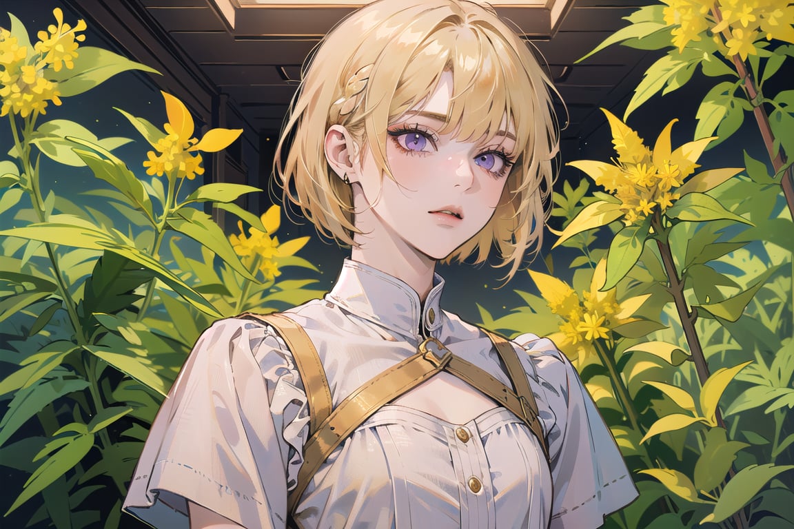 ((Goldenrod hair:1.5)), bob cut, bangs, purple eyes, ((small chest:1.1)), wearing a ((Linen dress:1.3)), short sleeve, by Raphael, masterpiece, upper body shot, magnificent indoor hall, Neonie, 1girl