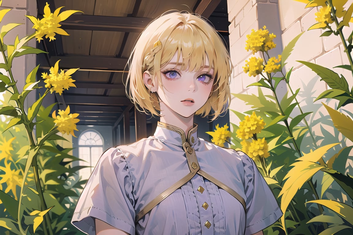 ((Goldenrod hair:1.5)), bob cut, bangs, purple eyes, ((small chest:1.1)), wearing a ((Linen dress:1.3)), short sleeve, by Raphael, masterpiece, upper body shot, magnificent indoor hall, Neonie, 1girl