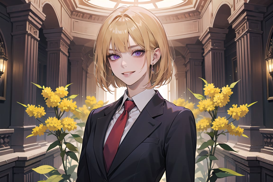 ((Goldenrod hair)), bob cut, bangs, purple eyes, (smirk), ((small chest:1.1)), wearing a ((suit)), red tie, by Raphael, masterpiece, upper body shot, magnificent indoor hall,Argissa,1 girl,Neonie,1girl