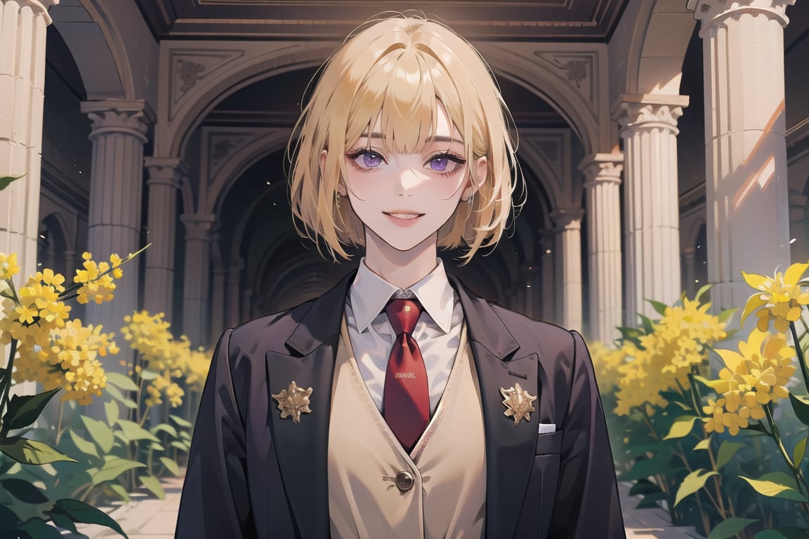 ((Goldenrod hair)), bob cut, bangs, purple eyes, (smile), ((small chest:1.1)), wearing a ((suit)), red tie, by Raphael, masterpiece, upper body shot, magnificent indoor hall,Argissa,1 girl,Neonie,1girl