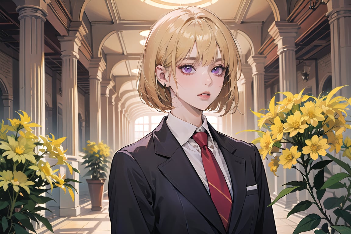 ((Goldenrod hair)), bob cut, bangs, purple eyes, ((small chest:1.1)), wearing a ((school uniform:1.3)), red tie, by Raphael, masterpiece, upper body shot, magnificent indoor hall,Argissa,1 girl,Neonie,1girl