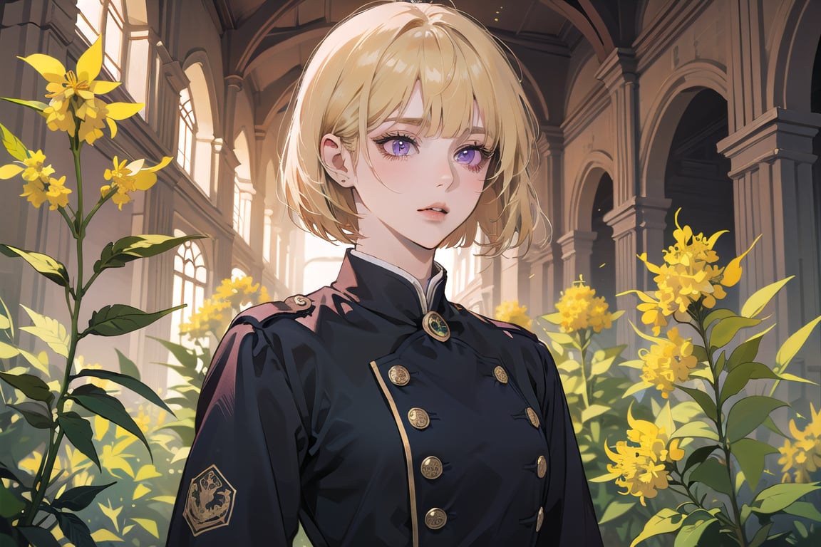 ((Goldenrod hair)), bob cut, bangs, purple eyes, ((small chest:1.1)), wearing a ((red mikitary uniform)), by Raphael, masterpiece, upper body shot, magnificent indoor hall, Neonie, 1girl