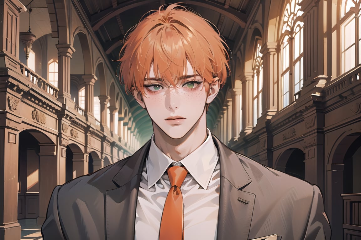 ((bangs)), ((orange short curly hair)), (freckle), green eyes, handsome, angular jaw, thick neck, shy, ((white)) ((school uniform)), ((red tie:1.3)), by Raphael, masterpiece, upper body shot, magnificent indoor hall, Riadon,1 boy,1 man