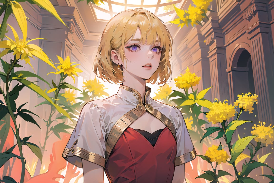 ((Goldenrod hair:1.5)), bob cut, bangs, purple eyes, ((small chest:1.1)), wearing a ((LightCoral dress:1.3)), short sleeve, by Raphael, masterpiece, upper body shot, magnificent indoor hall, Neonie, 1girl