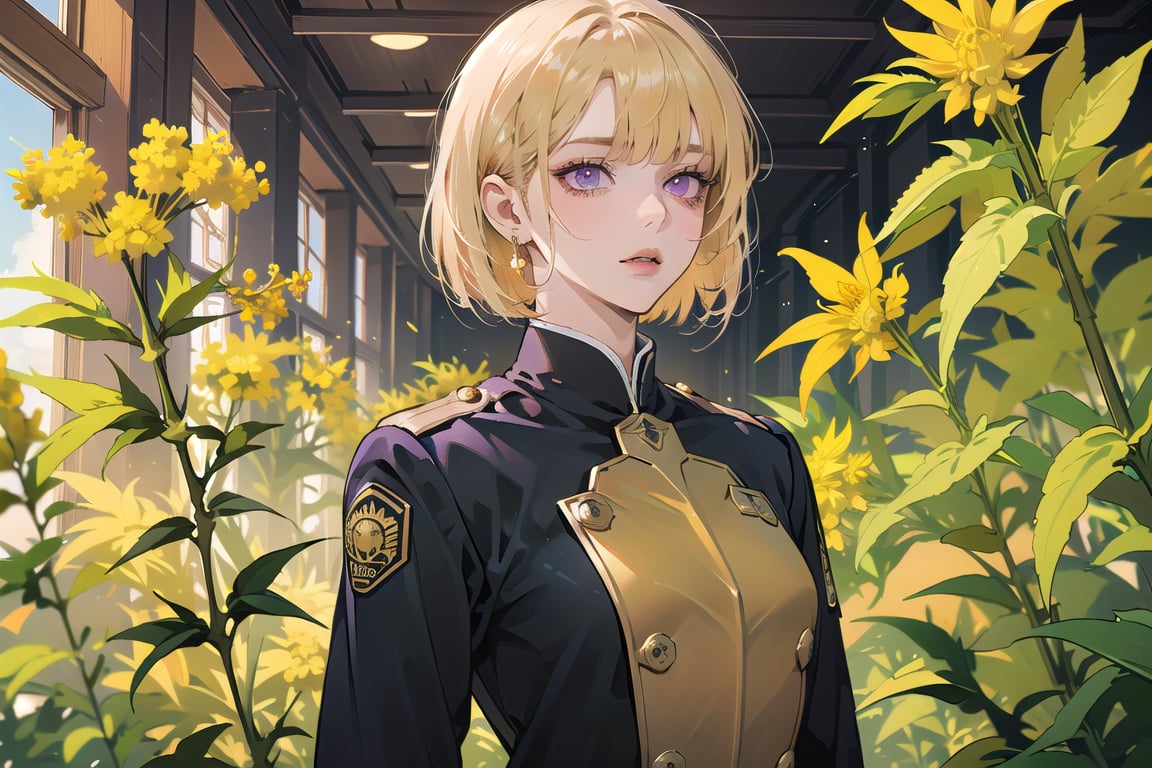 ((Goldenrod hair:1.5)), bob cut, bangs, purple eyes, ((small chest:1.1)), wearing a ((mikitary uniform:1.3)), by Raphael, masterpiece, upper body shot, magnificent indoor hall, Neonie, 1girl