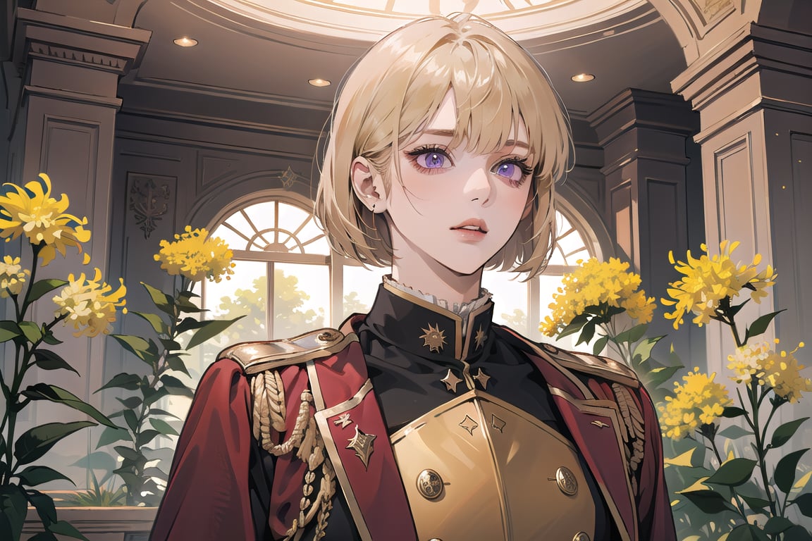 ((Goldenrod hair)), bob cut, bangs, purple eyes, ((small chest:1.1)), wearing a ((red military uniform)), by Raphael, masterpiece, upper body shot, magnificent indoor hall, Neonie, 1girl