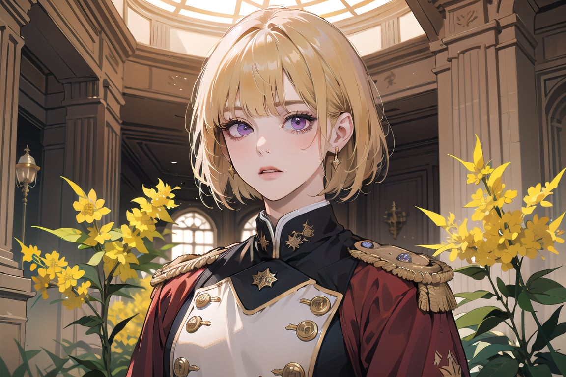 ((Goldenrod hair)), bob cut, bangs, purple eyes, ((small chest:1.1)), wearing a ((red military uniform)), by Raphael, masterpiece, upper body shot, magnificent indoor hall, Neonie, 1girl