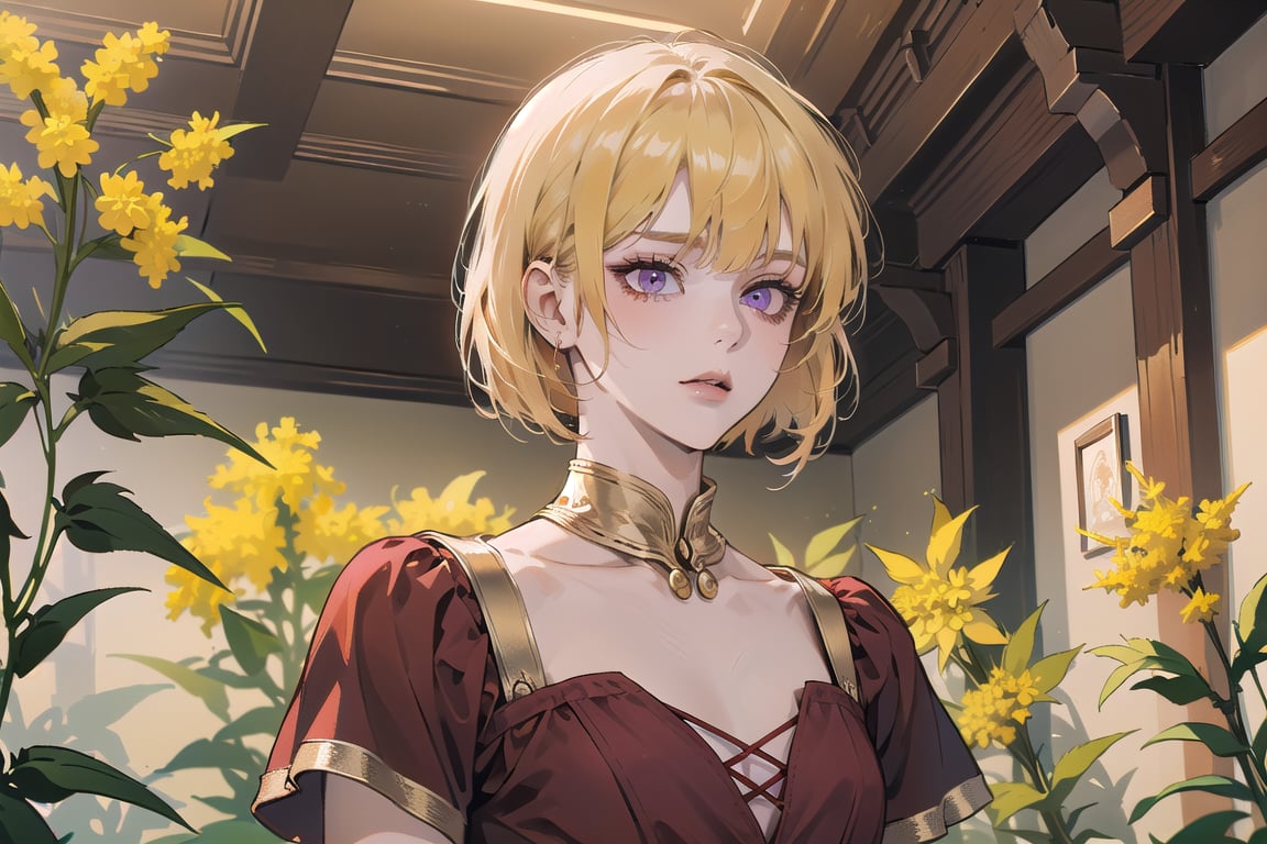 ((Goldenrod hair:1.5)), bob cut, bangs, purple eyes, ((small chest:1.1)), wearing a ((DarkRed dress:1.3)), short sleeve, by Raphael, masterpiece, upper body shot, magnificent indoor hall, Neonie, 1girl