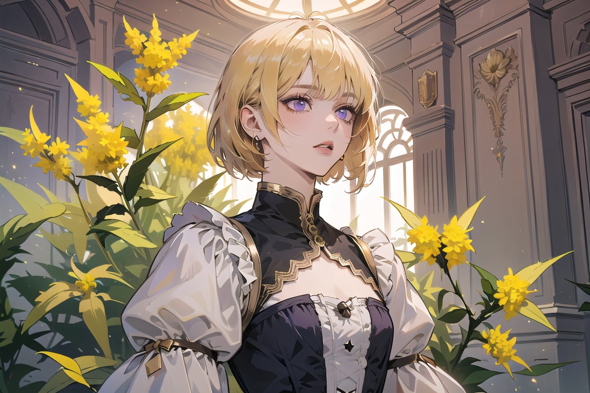 ((Goldenrod hair:1.5)), bob cut, bangs, purple eyes, ((small chest:1.1)), wearing a ((Victorian dress:1.1)), prince, by Raphael, masterpiece, upper body shot, magnificent indoor hall, Neonie, 1girl