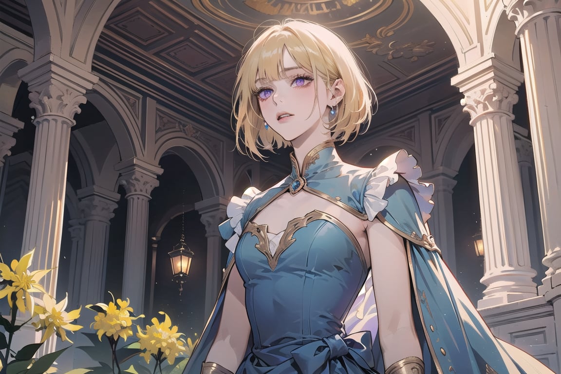 ((Goldenrod hair)), bob cut, bangs, purple eyes, ((small chest:1.1)), wearing a ((SkyBlue Romanticism dress:1.3)), prince, royal, by Raphael, masterpiece, upper body shot, magnificent indoor hall, Neonie, 1girl