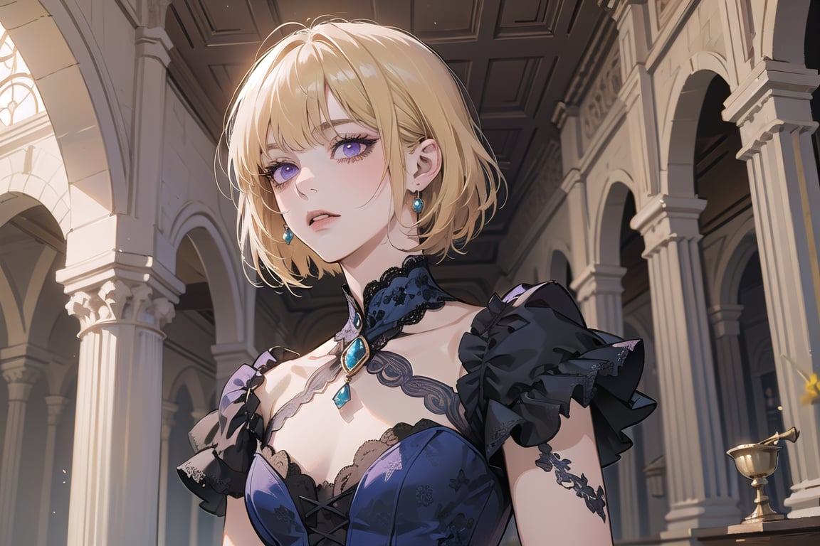 ((Goldenrod hair)), bob cut, bangs, purple eyes, ((small chest:1.1)), wearing a ((SkyBlue lace dress:1.3)), prince, royal, by Raphael, masterpiece, upper body shot, magnificent indoor hall, Neonie, 1girl