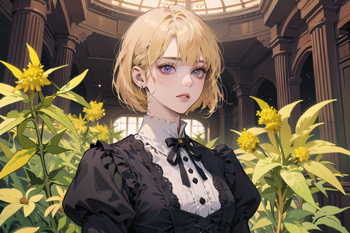 ((Goldenrod hair:1.5)), bob cut, bangs, purple eyes, ((small chest:1.1)), wearing a ((Victorian dress:1.1)), long sleeve, by Raphael, masterpiece, upper body shot, magnificent indoor hall, Neonie, 1girl