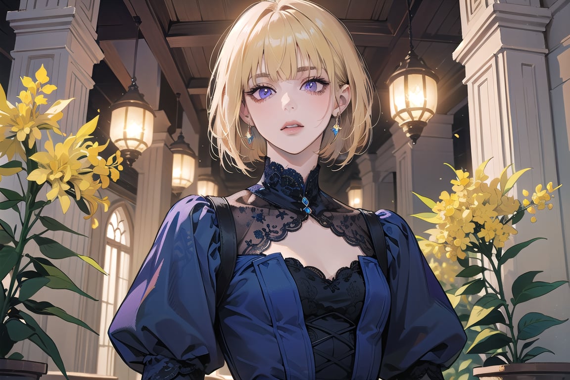 ((Goldenrod hair)), bob cut, bangs, purple eyes, ((small chest:1.1)), wearing a ((Blue lace dress:1.3)), prince, royal, by Raphael, masterpiece, upper body shot, magnificent indoor hall, Neonie, 1girl